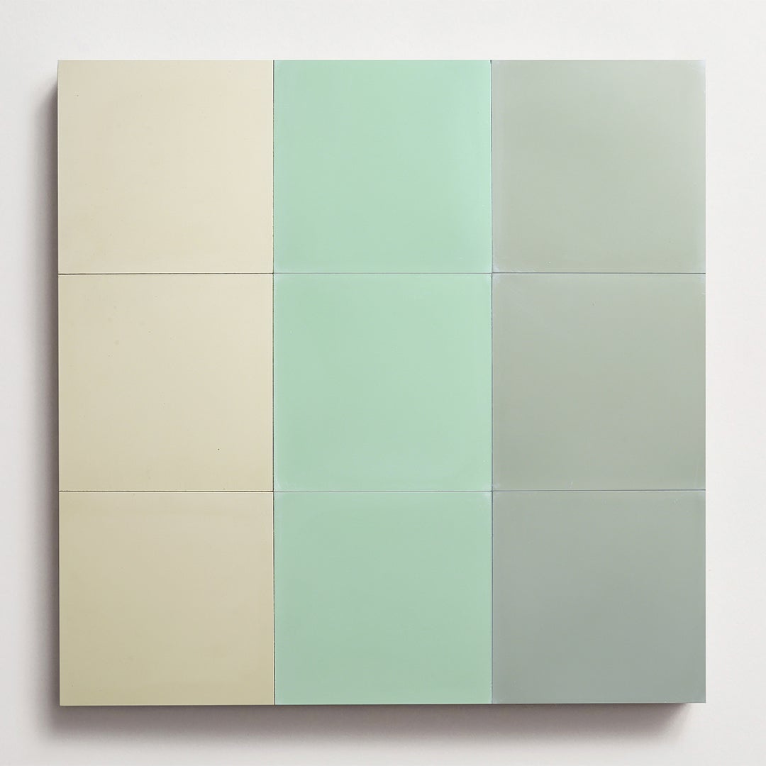 white, green, and gray striped tile.