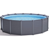 Round above ground pool with plastic decking exterior