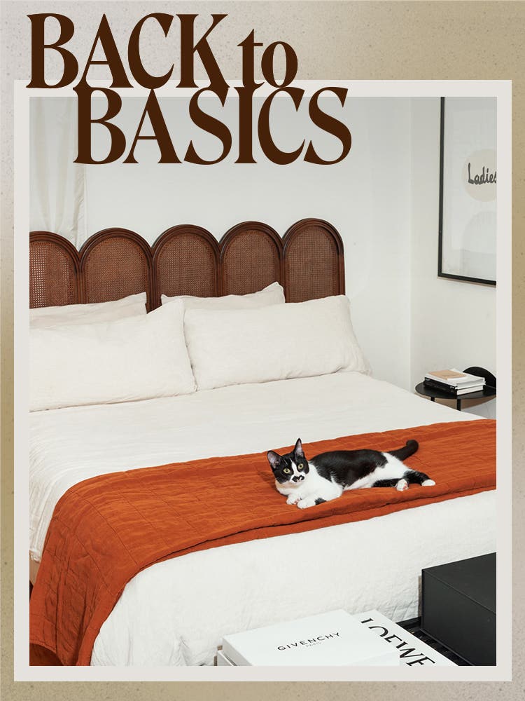 bed with white duvet black and white cat lying on orange runner