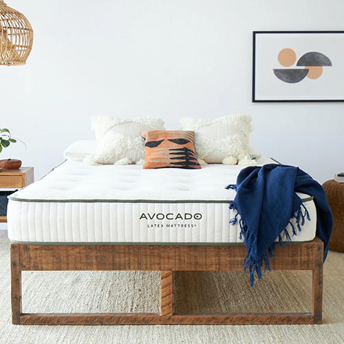 Avocado latex mattress on wood bed frame