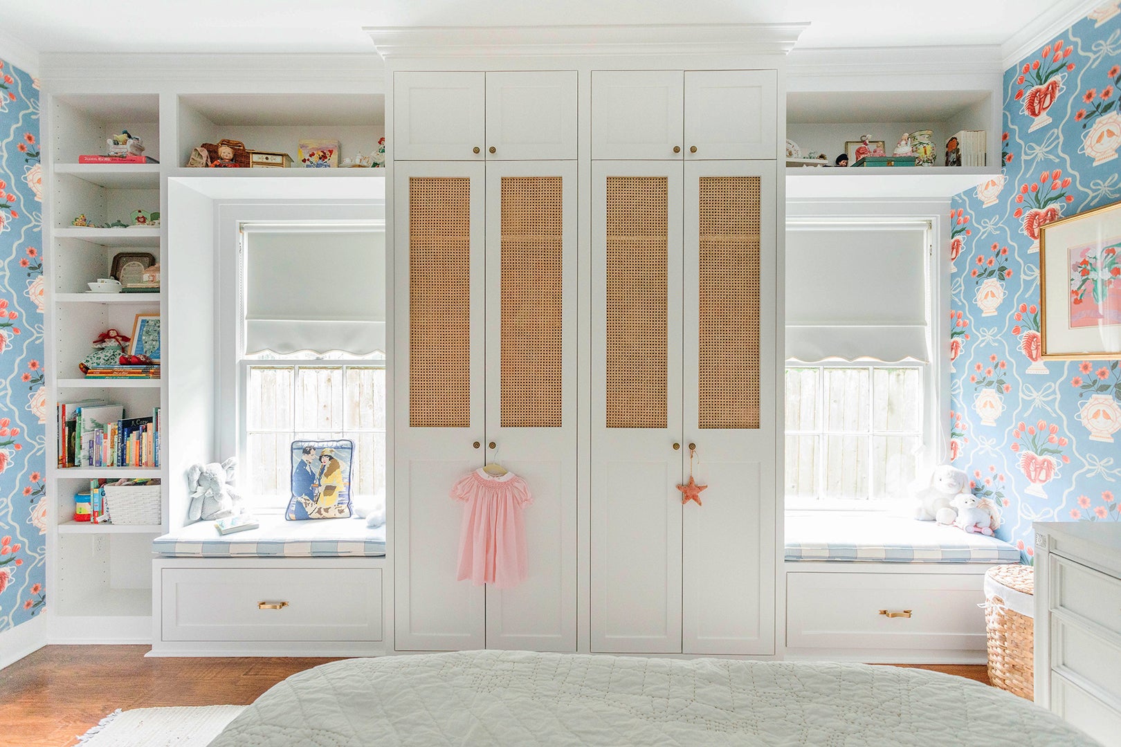 white closets with cane doors