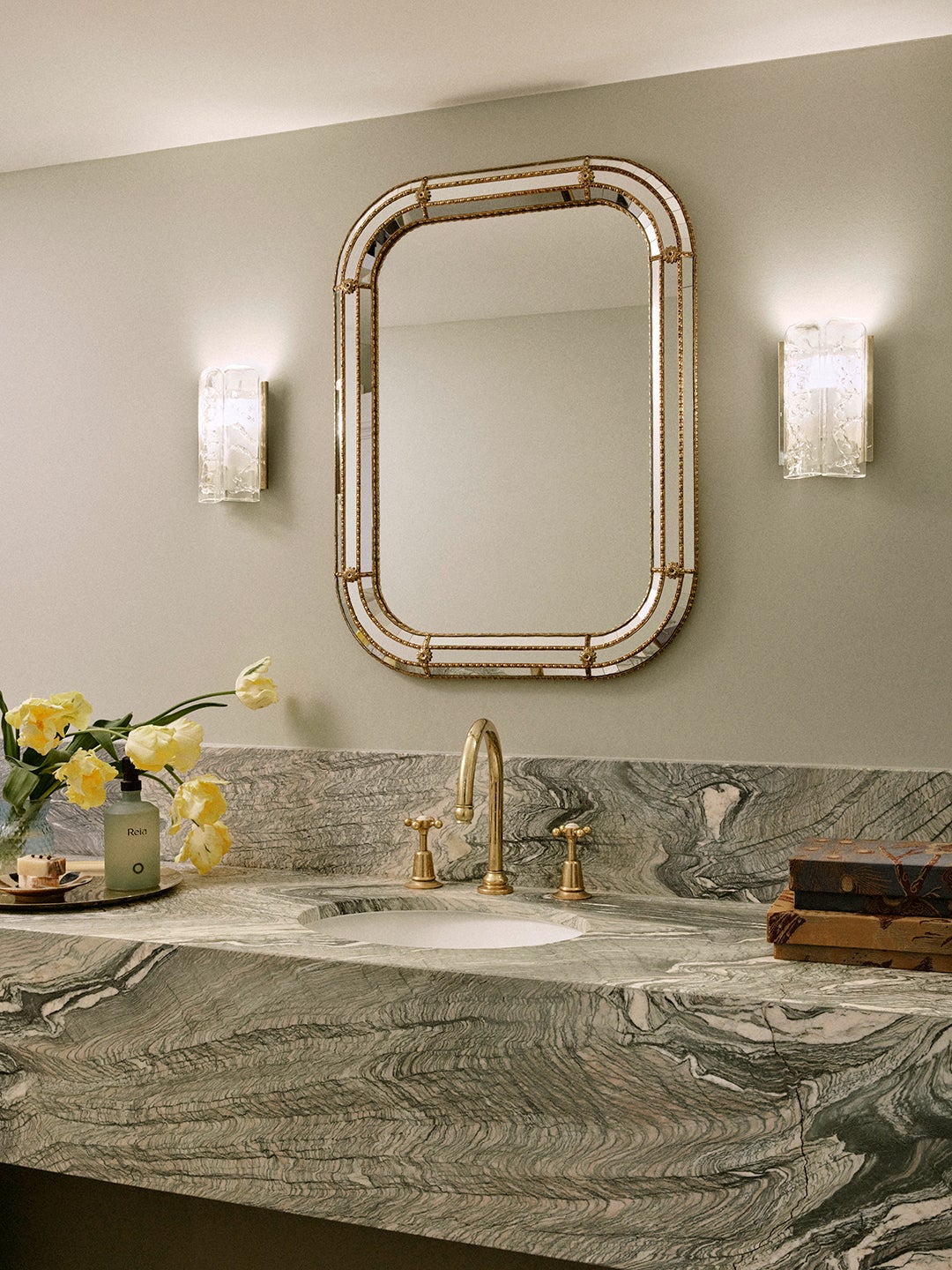 bathroom with grey marble vanity