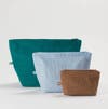 trio of pouches in green, pale blue, and brown
