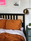black bed frame with cane accents and orange bedding.