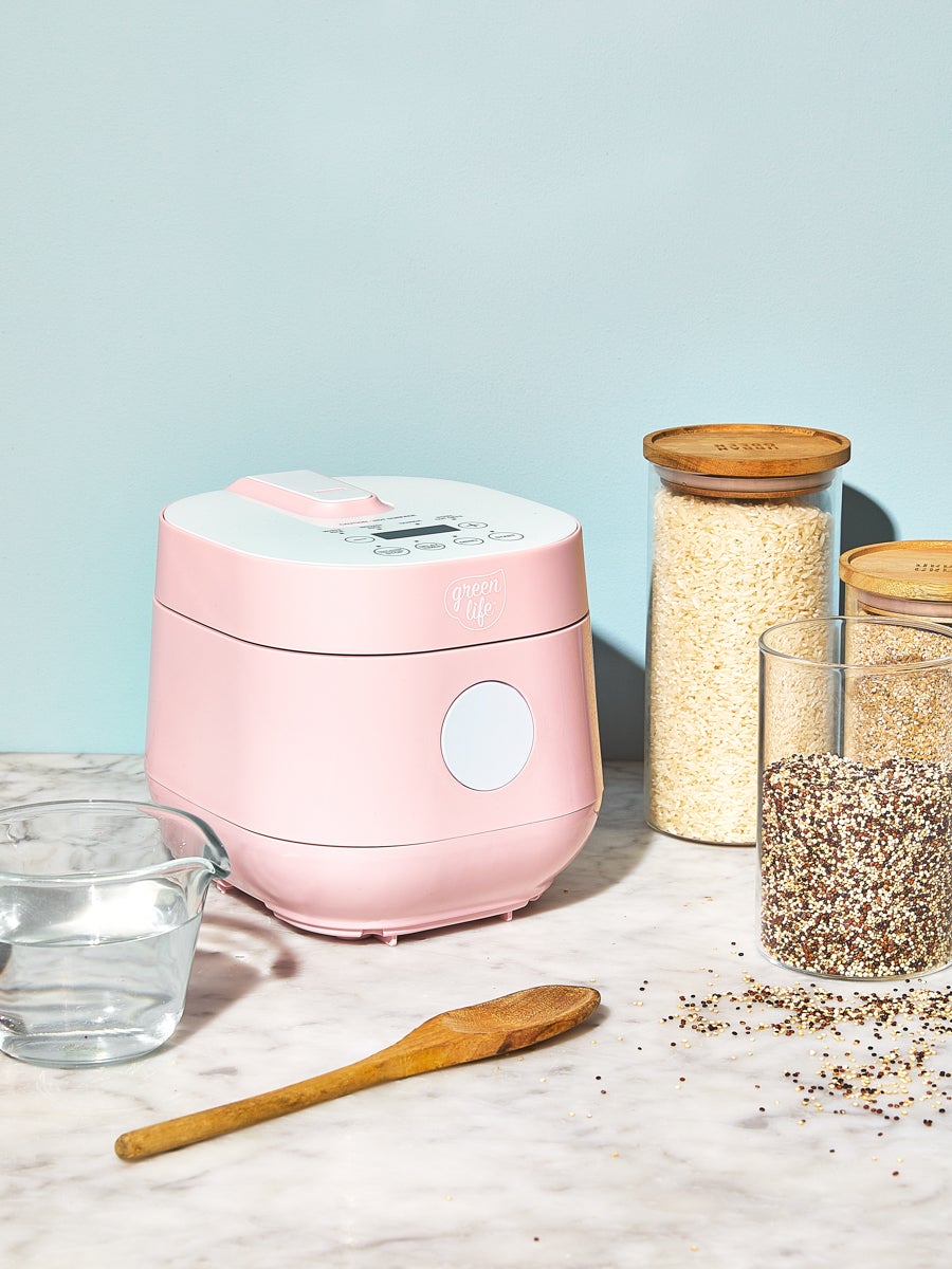 pink rice cooker on countertop