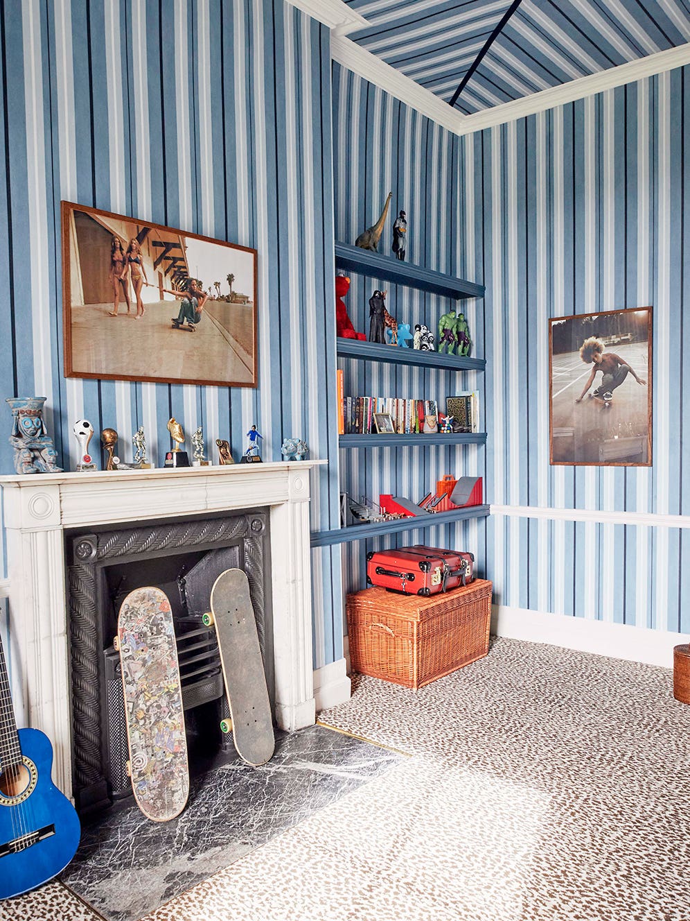 Children's room with blue striped walls.