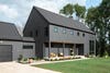 Grey home with board and batten siding.