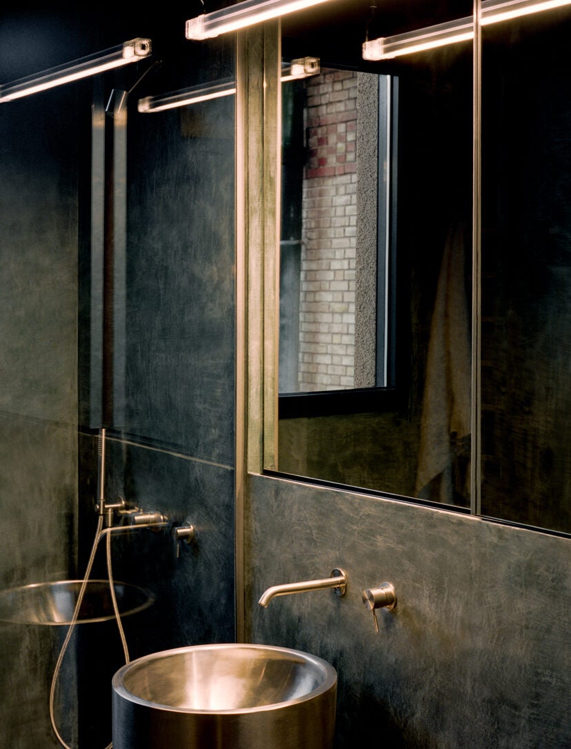 dark bathroom with textured walls