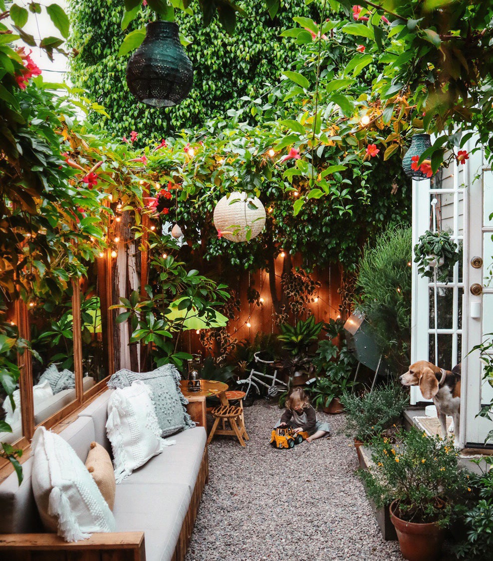 backyard patio with plants and string lights