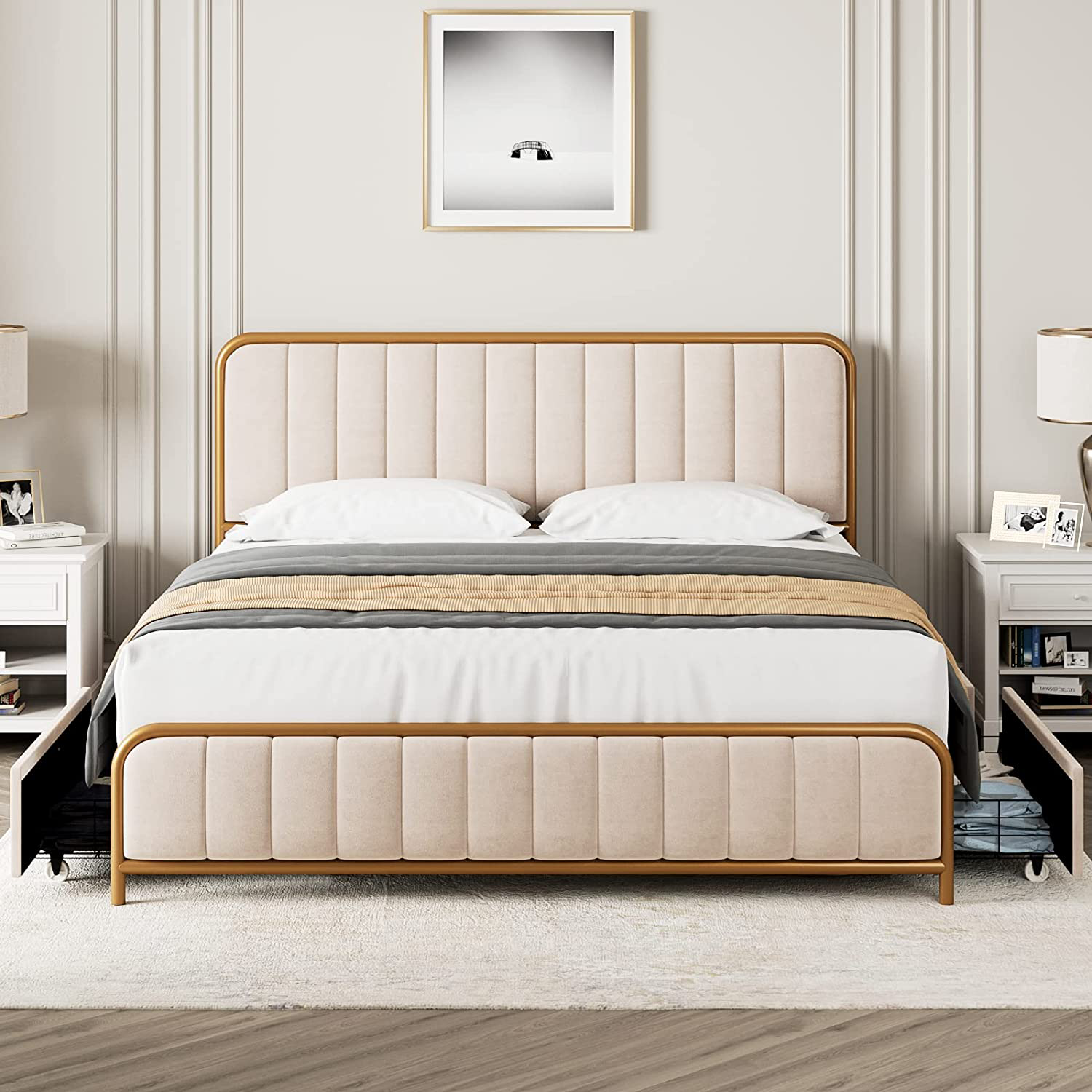 HITHOS Upholstered Queen Size Bed Frame with Storage