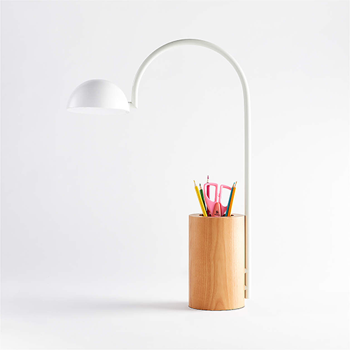 White lamp with wood pencil case holder