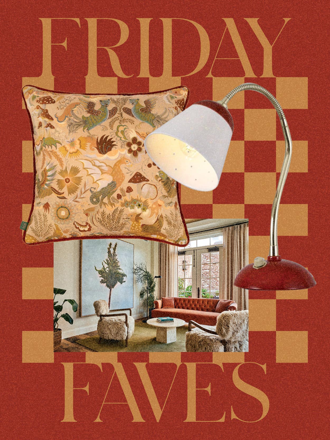 patterned pillow, white and red task lamp, hotel sitting area