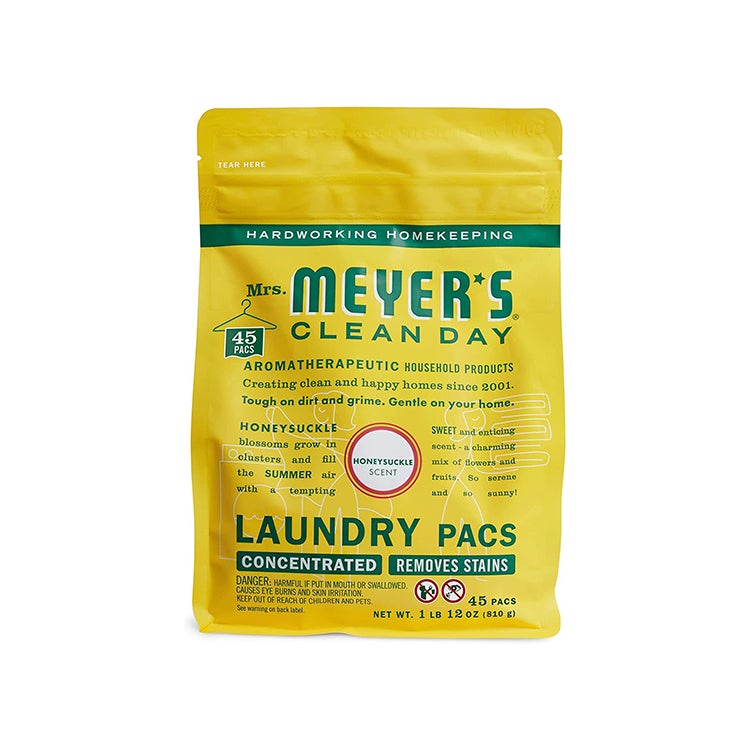 mrs meyers laundry pacs 45 count yellow and green pouch