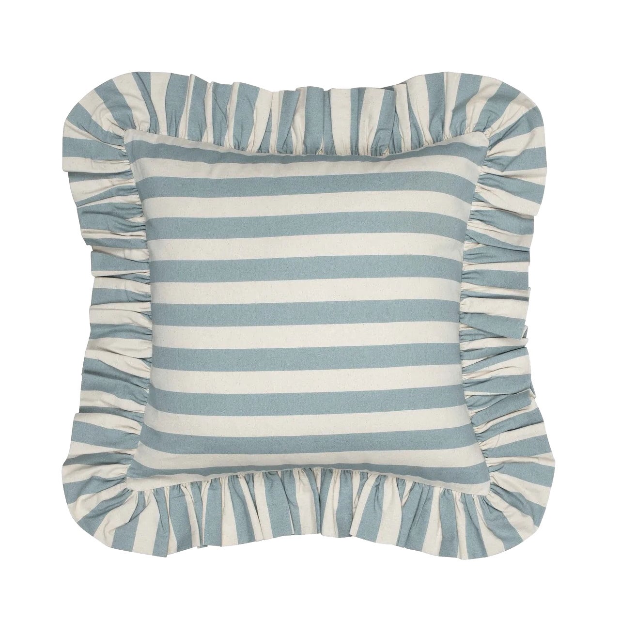 blue and white striped pillow with frilly edge