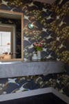 powder room with duck wallpaper
