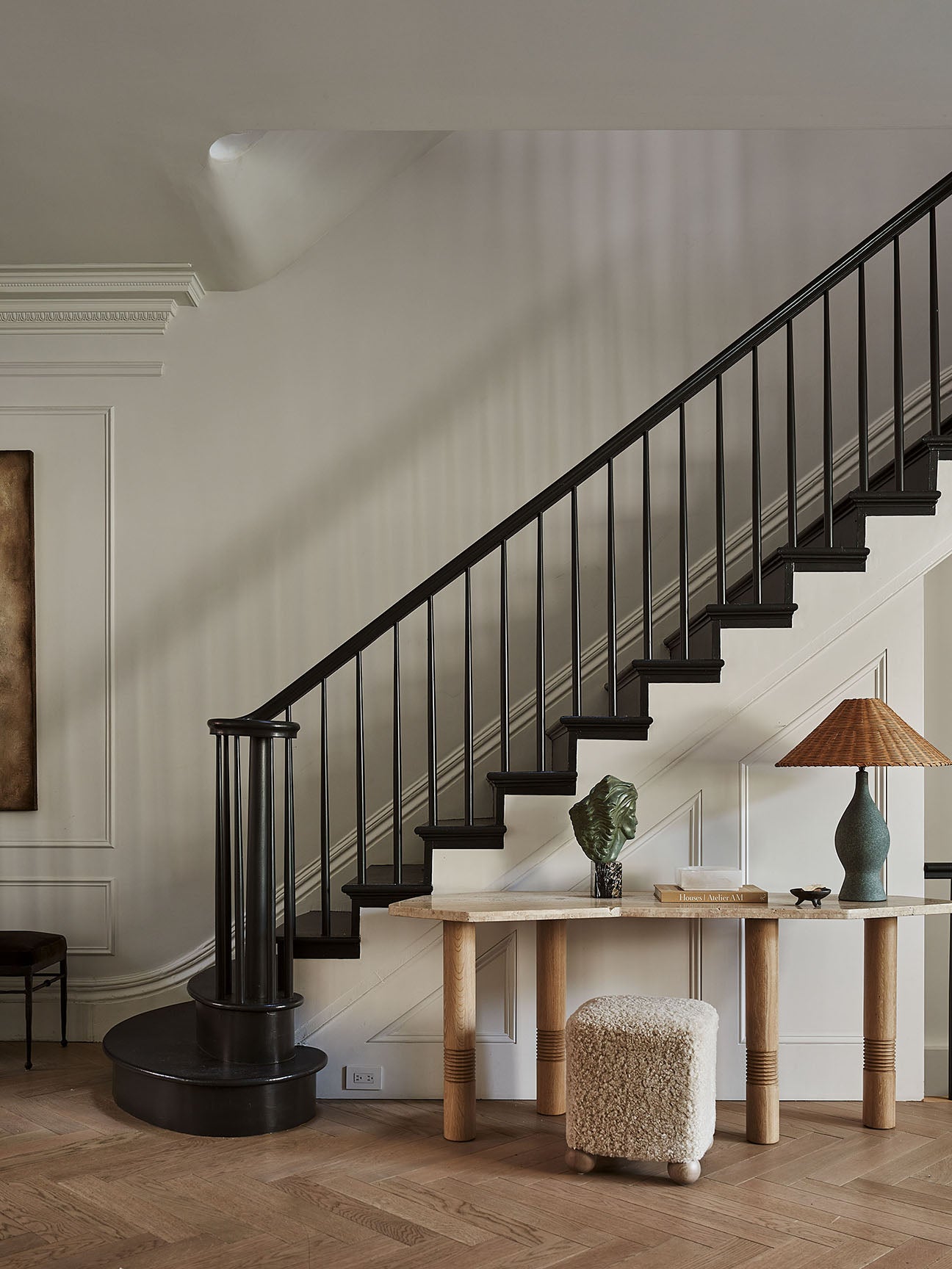 Brownstone staircase with table
