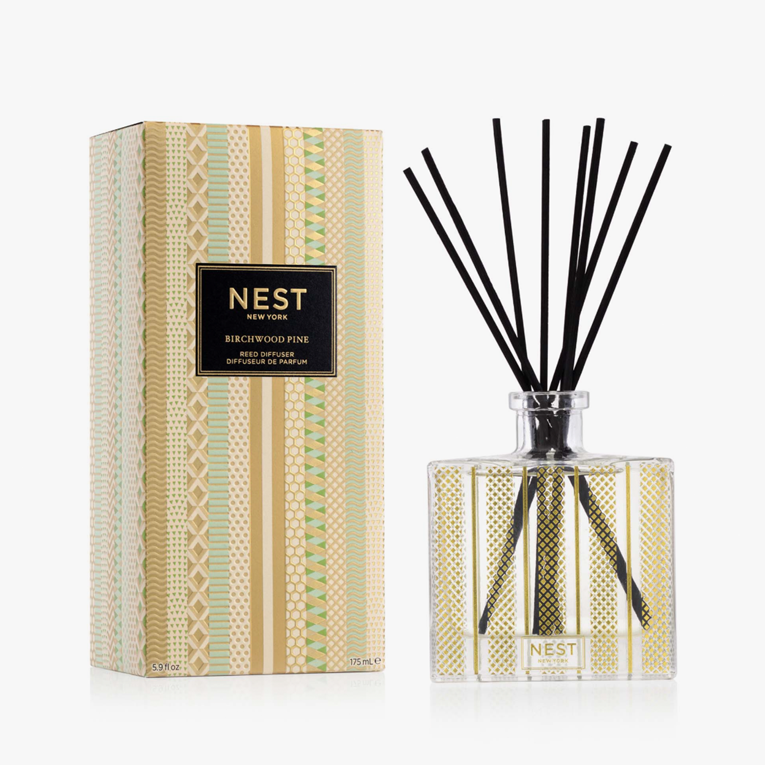 Nest Reed Diffuser with Etched Glass Vessel and Gold Striped Box