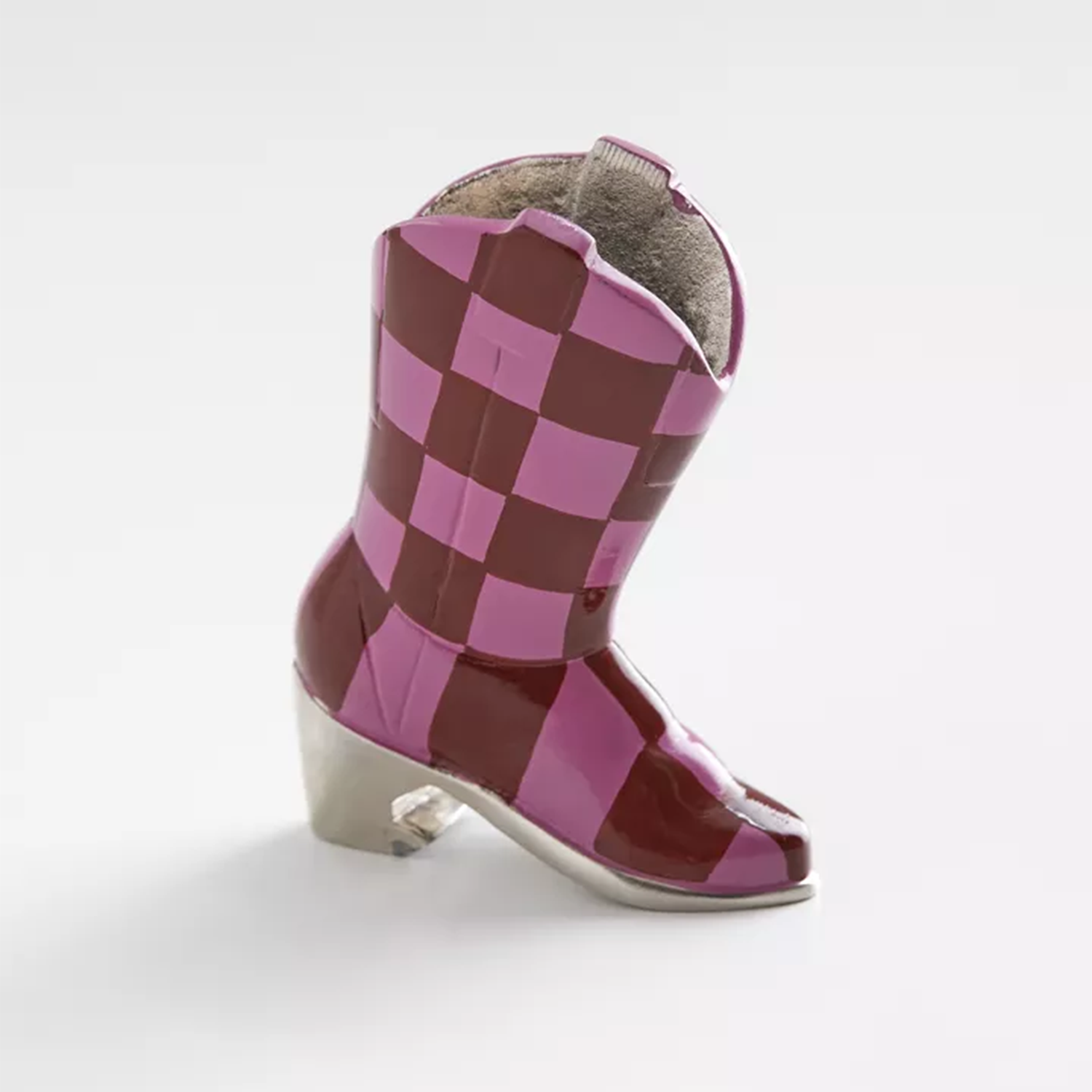 Pink checkered cowboy boot bottle opener