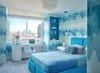 blue bedroom with watercolor wallpaper