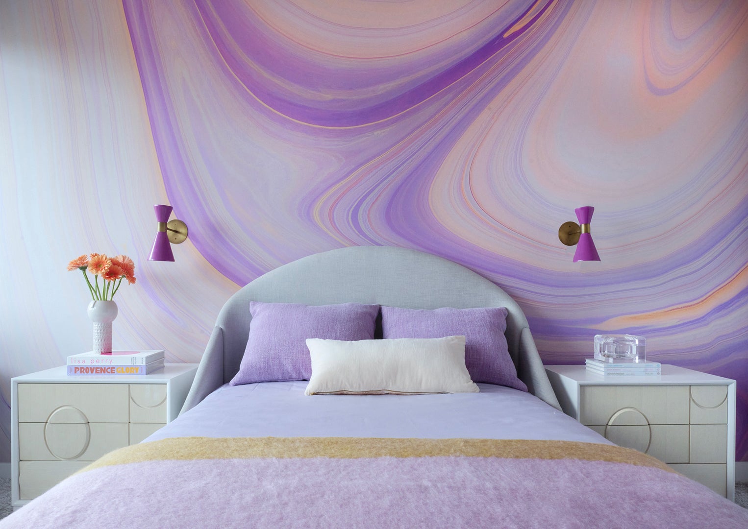 bedroom with purple and orange wallpaper