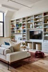 loft living room with wall-to-wall bookshelves