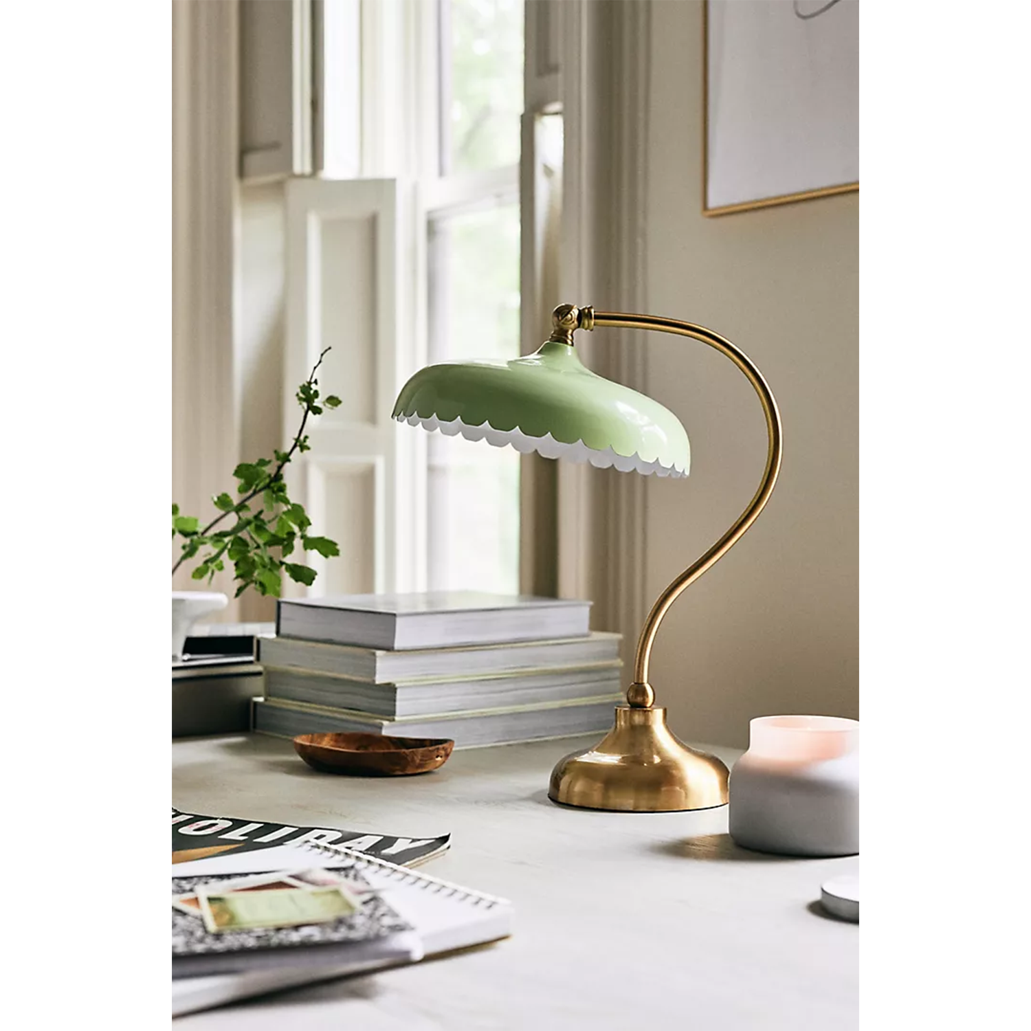 Simone Task Lamp with light green scalloped shade