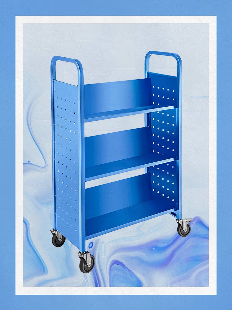 Blue Metal Rolling Storage Cart on Designed Background