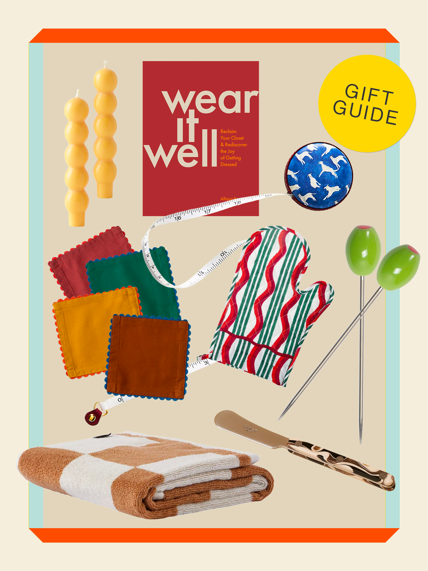 under $25 gift collage featuring olive cocktail picks, tapers, and more with gift guide button.