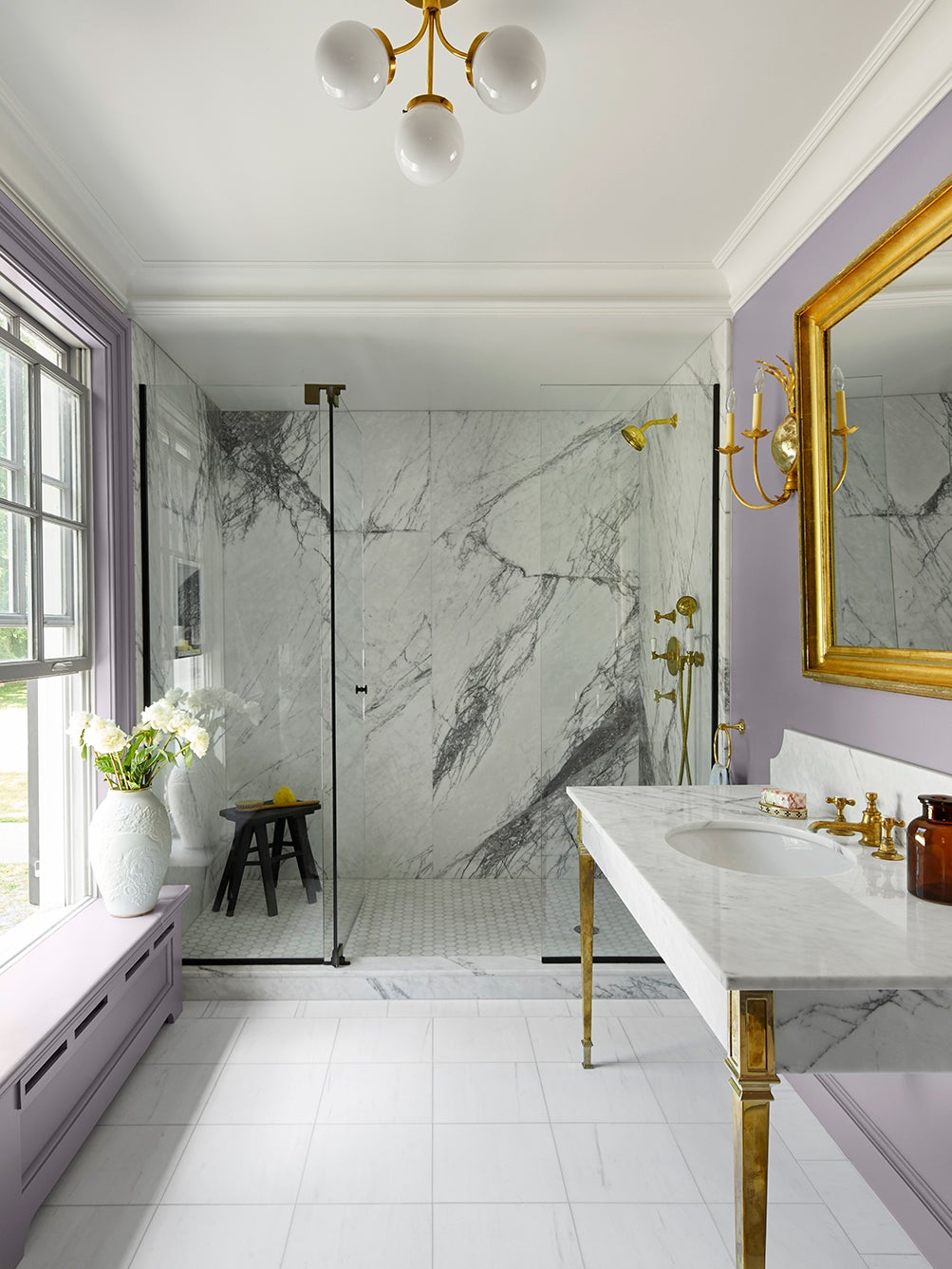lilac bathroom with marble shower