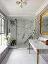 lilac bathroom with marble shower