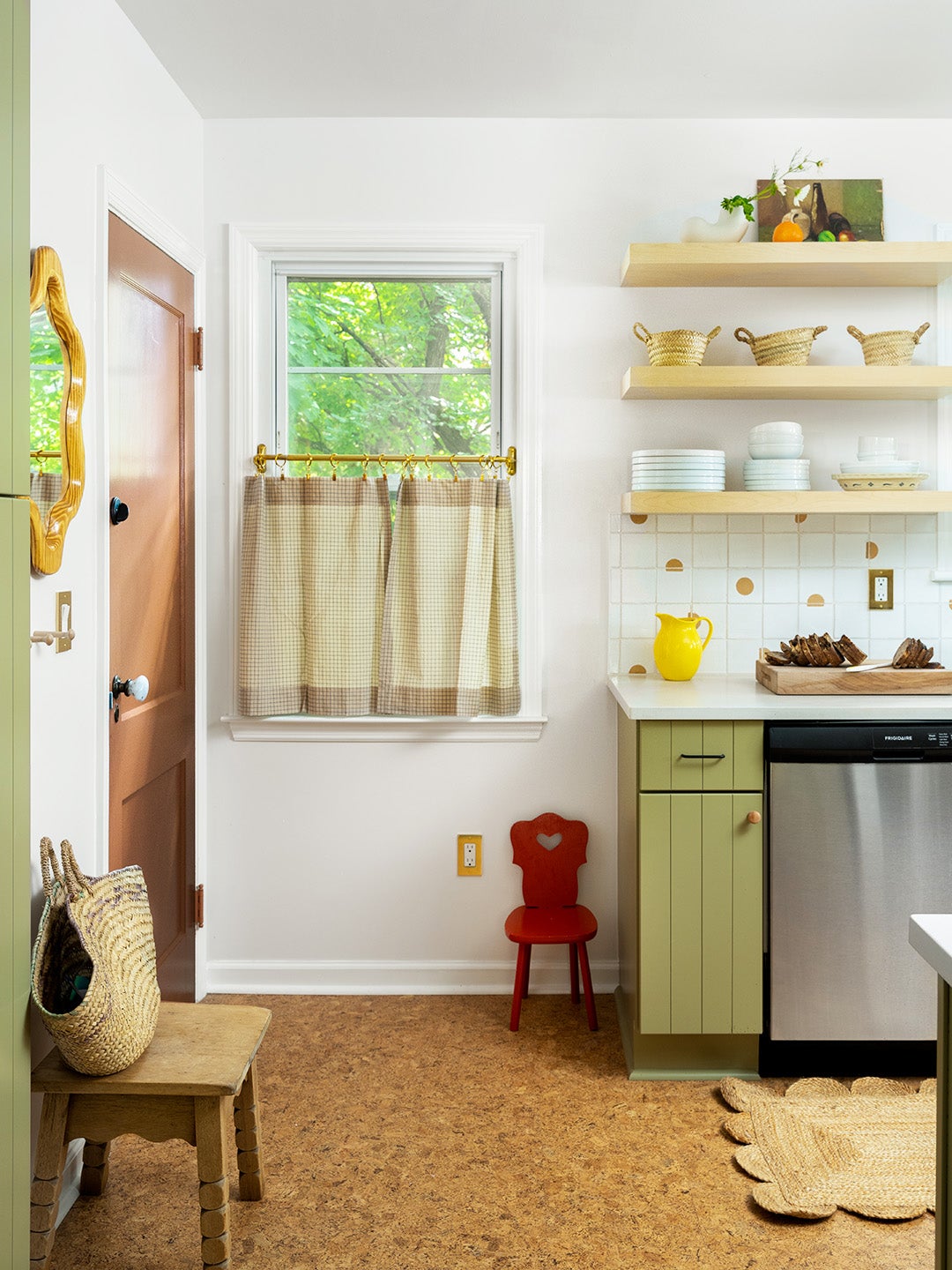 kitchen with color floors and cafe window curtain