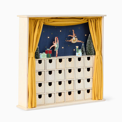 ballet themed advent calendar with golden curtains