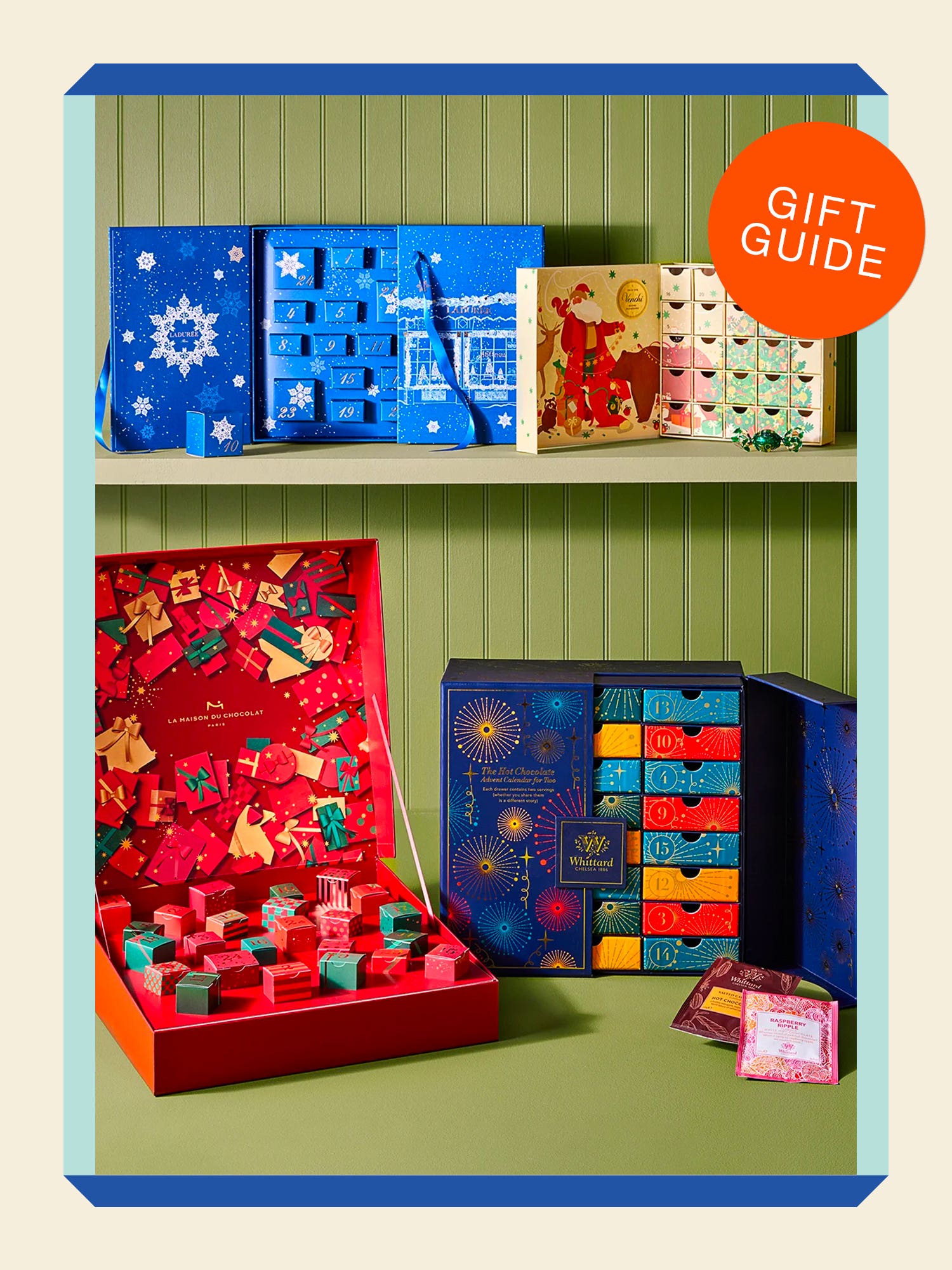 Food52 advent calendars on green sehlves with gift guide button