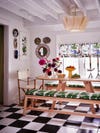 dining room with botanical fabric bench