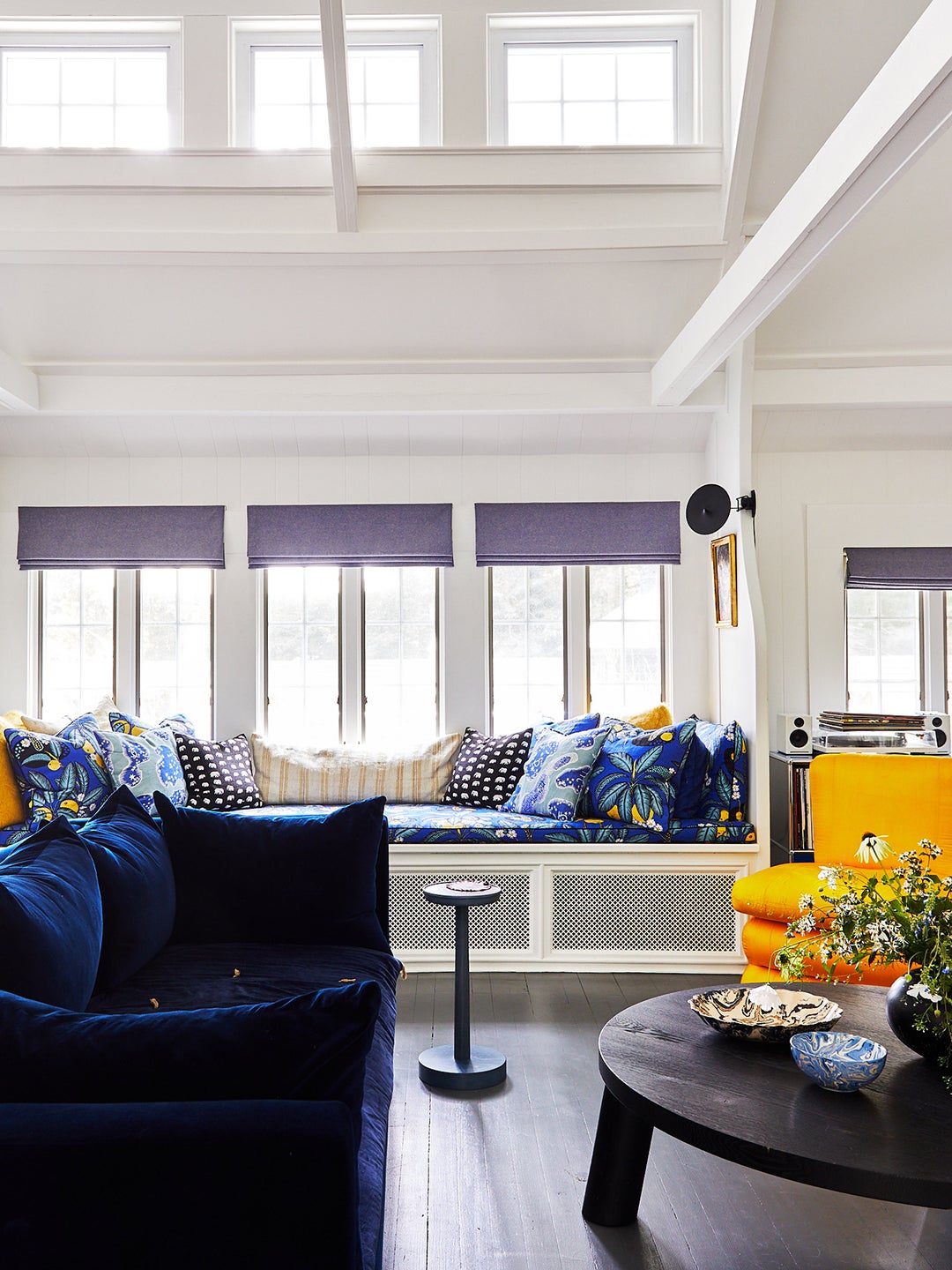 patterned blue window seat in living room
