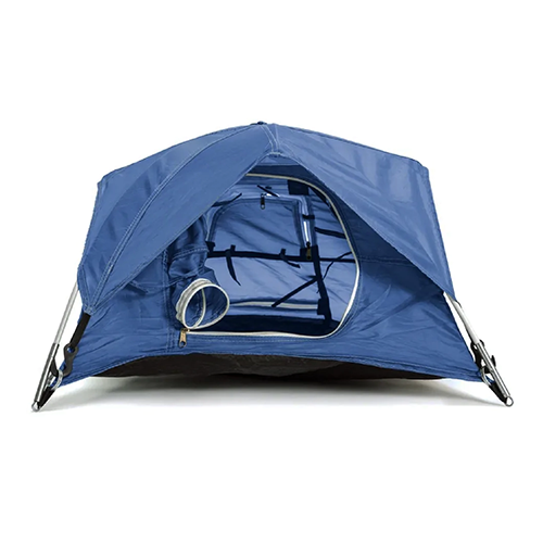 Tiny blue tent with rain cover and zip door