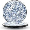 Stacked blue and white splatter enamel plates against a white background.