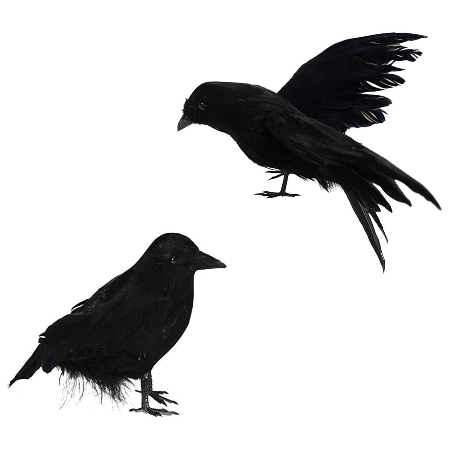 2 Pcs Halloween Realistic Crows Black Feathered Flying Standing Crows Artificial Fake Birds Ravens