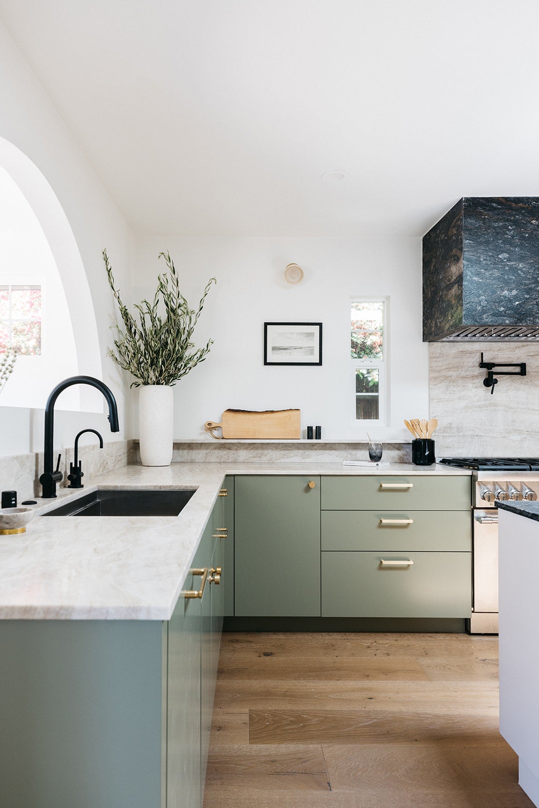 L shaped green cabinets