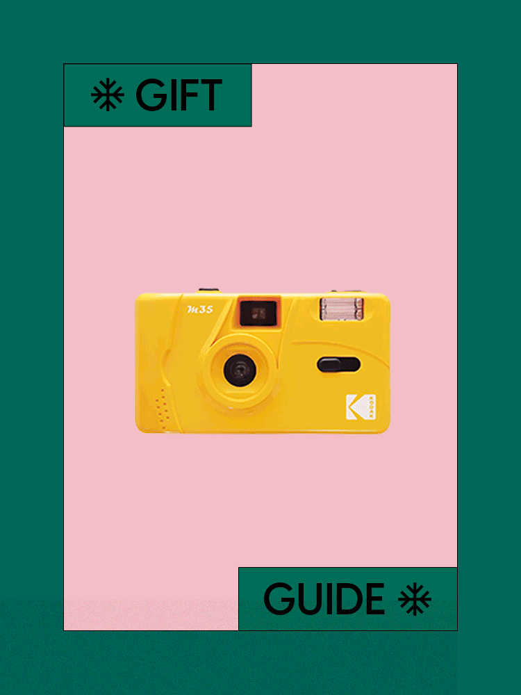 White Elephant Gif of Kodak camera, Baggu pouches, and Fleur Marche sample packs in four