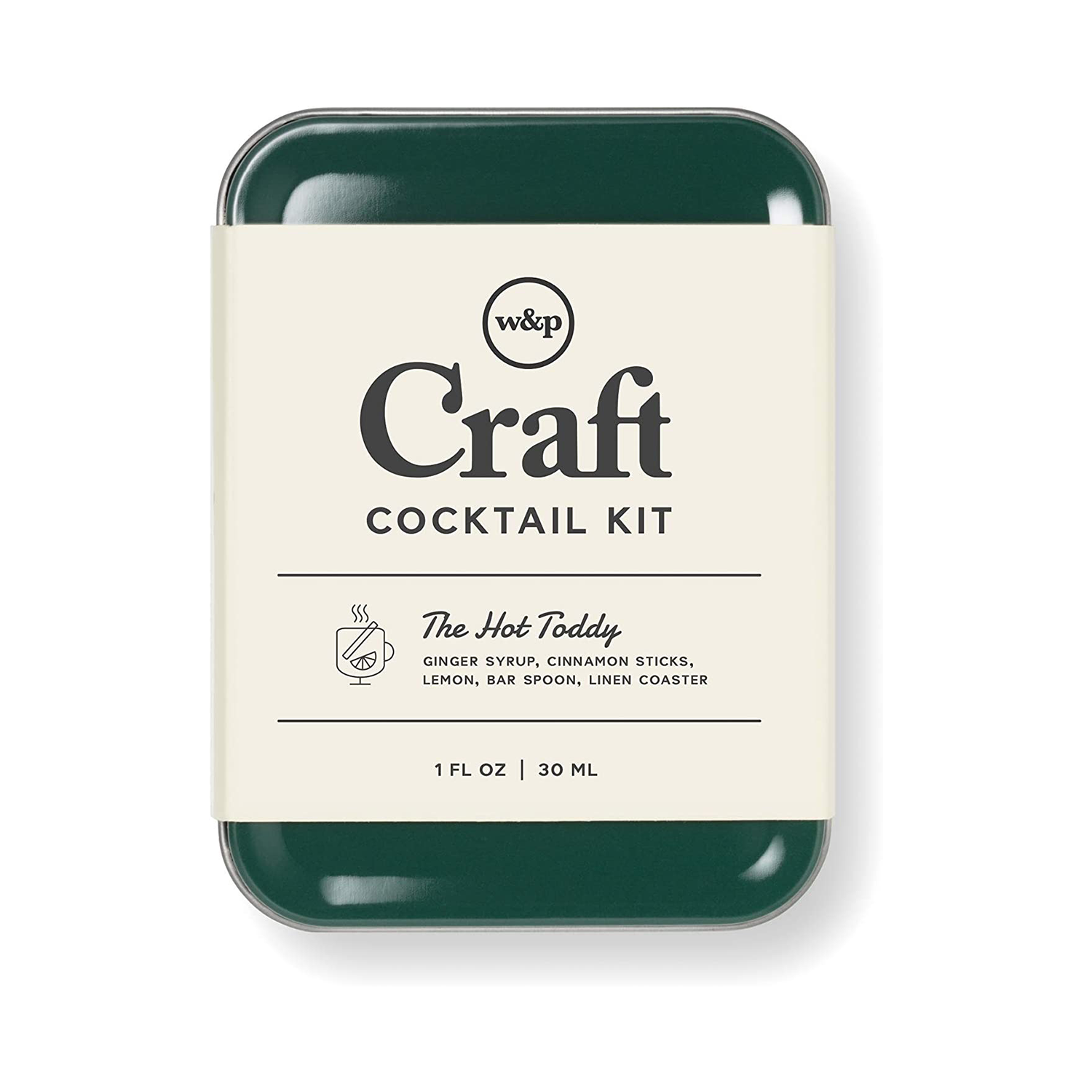 Green Tin with Hot Toddy Ingredients for Craft Cocktail