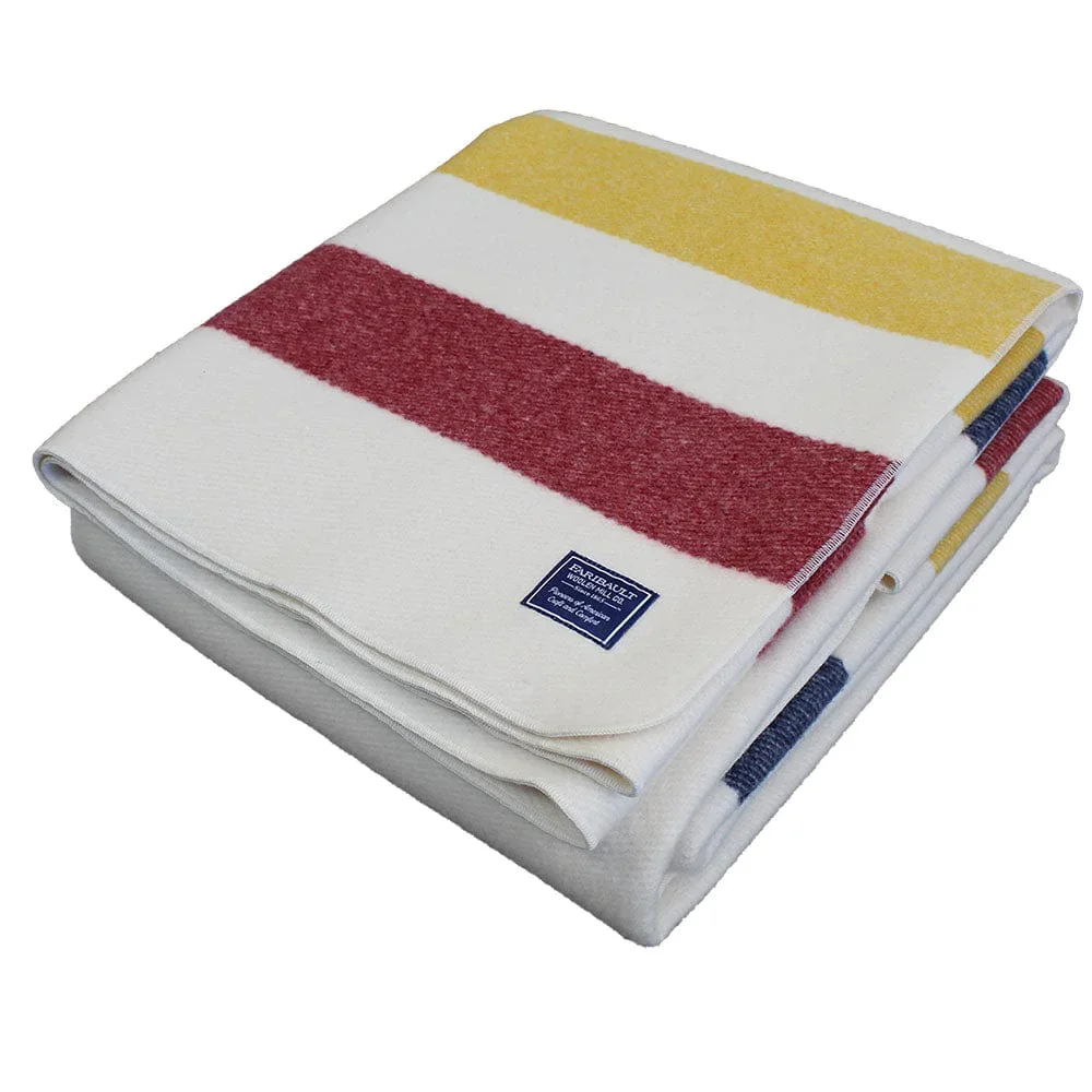 blue, yellow, red striped wool blanket