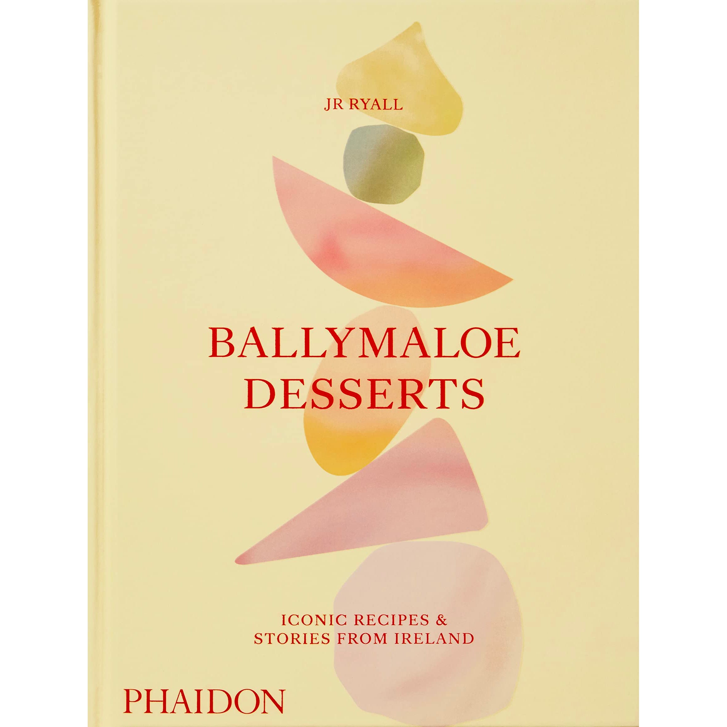 Ballymaloe Desserts book cover –featuring pastel geometric shapes against an off-white background– against a white background.