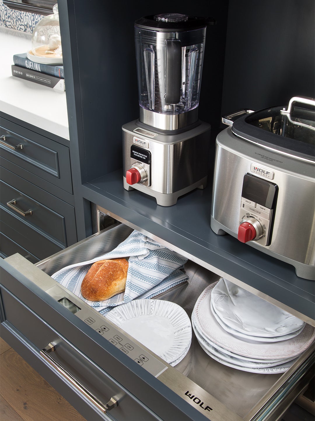 warming drawer in navy kitchen appliance center