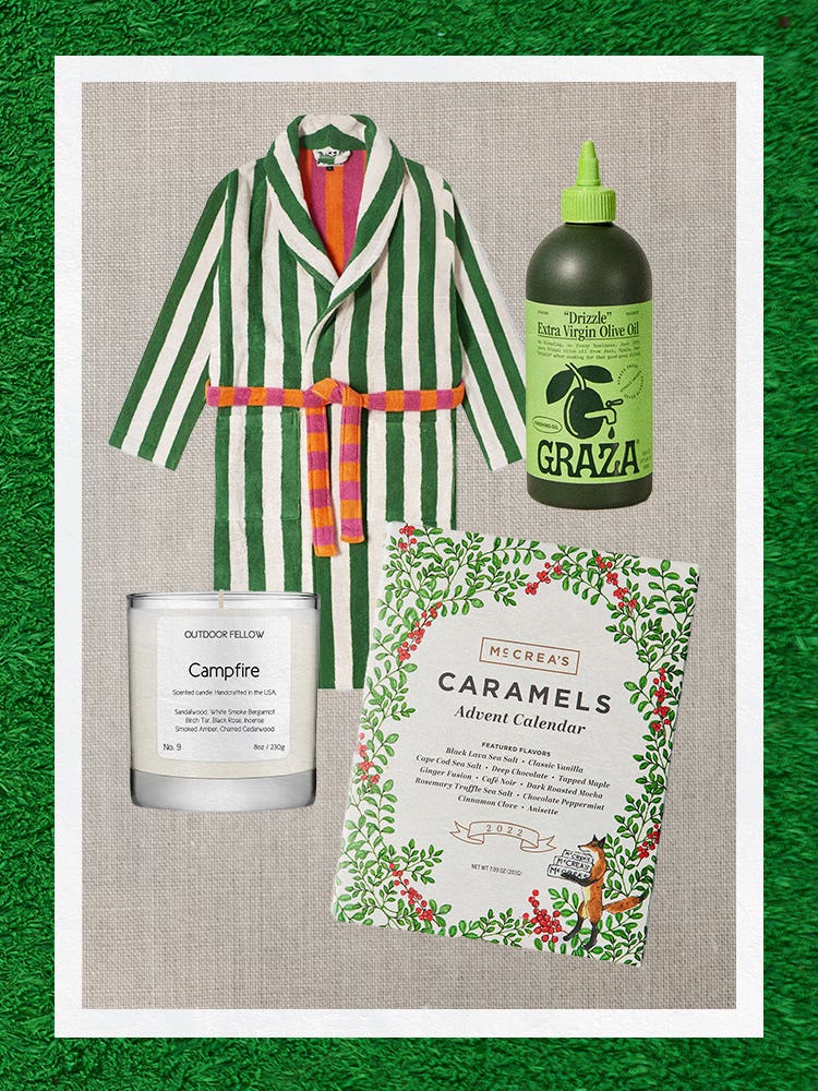 Collage of Dusen Dusen striped robe, candle, olive oil, and advent calendar