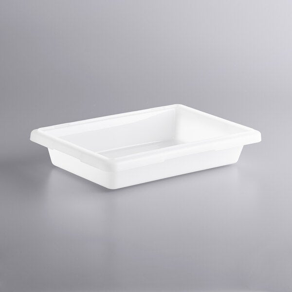 White polyethylene food storage box against a gray background.