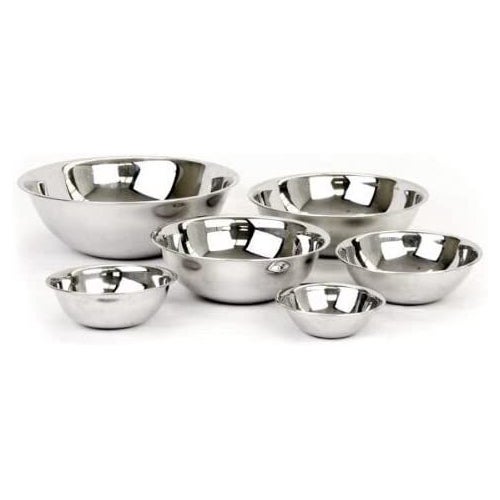 Six stainless steel bowls clustered together against a white background.
