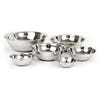Six stainless steel bowls clustered together against a white background.