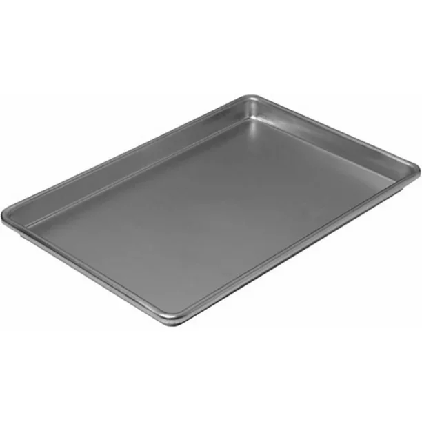 Aluminum non-stick baking tray on a white background.
