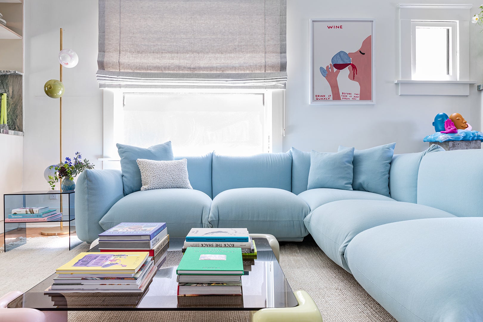 Sky blue L-shaped sofa in living room
